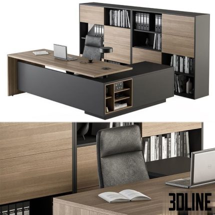Manager Desk and Library Wood and Black – Office Furniture 273 0(3dline.net)