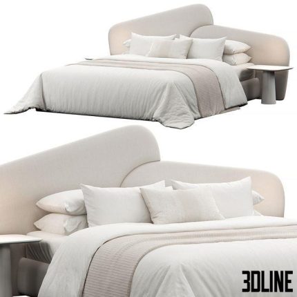 Rounded Linen Upholstered Headboard Bed 0(3dline.net)