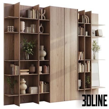 wooden Shelves Decorative With Plants and Book - Wooden Rack 09 0(3dline.net)