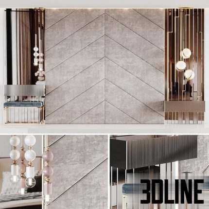 Decoration of a beige headboard with side tables and light 0(3dline.net)