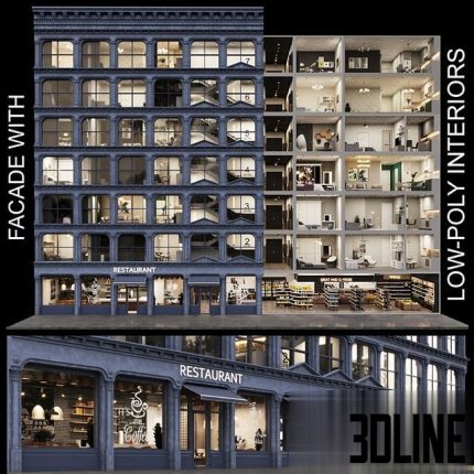 Facade with 20 residential and public low-poly interiors 0(3dline.net)