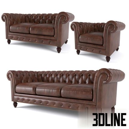 Brooklyn Chesterfield Leather Sofa and Loveseat and Armchair(3dline.net)