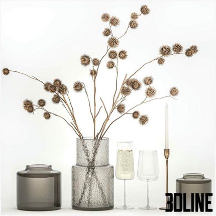 Bouquet of dried flowers from thorn branches burdock with a vase and a glass of sparkling wine. 253 0(3dline.net)