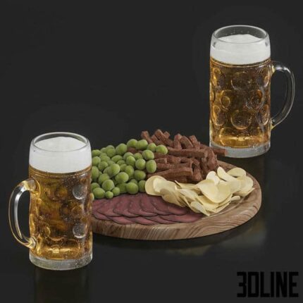 Beer in glasses chips nuts croutons(3dline.net)
