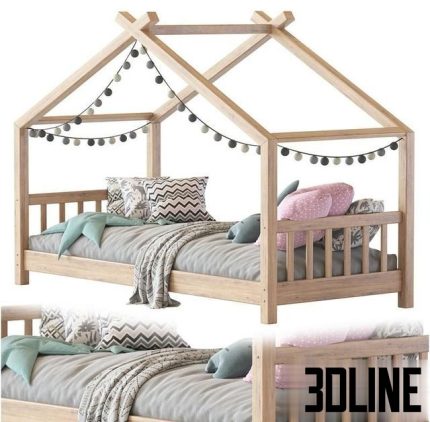 Children bed wood house 0(3dline.net)