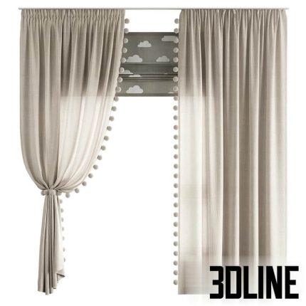 Curtains for the nursery ZS01 with pompoms(3dline.net)
