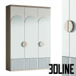 High-resolution 3D model of a children's modern three-door cupboard with arched mirrored doors and round wooden handles