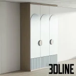 High-resolution 3D model of a children's modern three-door cupboard with arched mirrored doors and round wooden handles