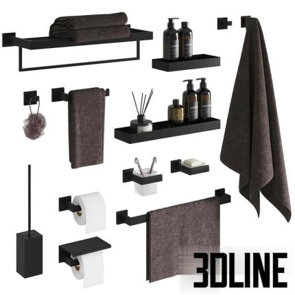 A set of bathroom accessories in modern black(3dline.net)