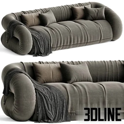 High-end 3D model of Giovannetti ANFIBIO convertible sofa with plush fabric upholstery, throw blanket, and pillows
