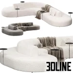 High-end 3D model of ARTIKO modular curved sofa by MDD in white/grey fabric with integrated side tables and throw blanket