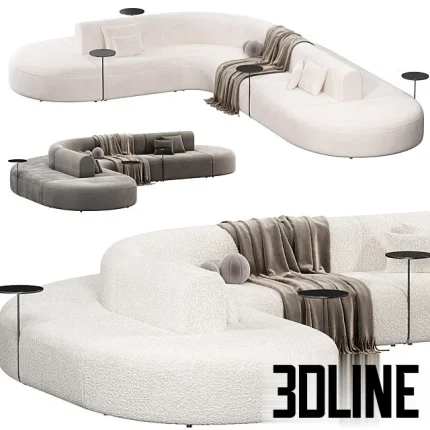 High-end 3D model of ARTIKO modular curved sofa by MDD in white/grey fabric with integrated side tables and throw blanket