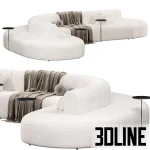High-end 3D model of ARTIKO modular curved sofa by MDD in white/grey fabric with integrated side tables and throw blanket