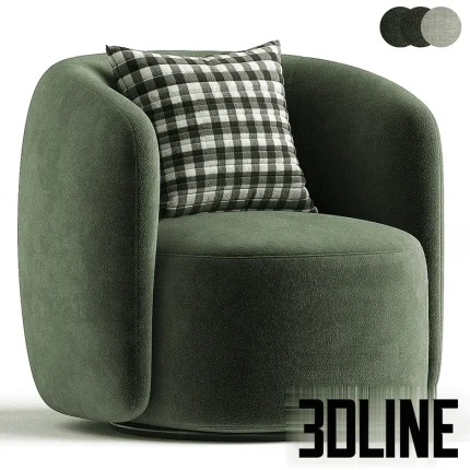 High-resolution 3D model of Manik round swivel armchair in green fabric with throw pillow for contemporary interior render