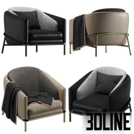 High-end 3D model of Minotti Fil Noir leather and fabric armchair with thin metal frame in multiple color variations