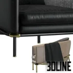 High-end 3D model of Minotti Fil Noir leather and fabric armchair with thin metal frame in multiple color variations