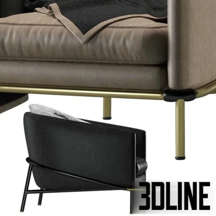 High-end 3D model of Minotti Fil Noir leather and fabric armchair with thin metal frame in multiple color variations