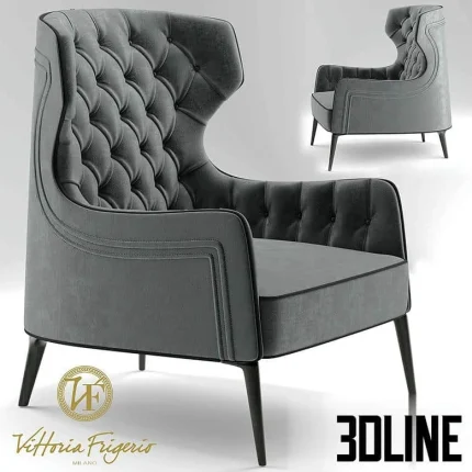 High-end 3D model of Vittoria Frigerio PIOLA BERGERE high-back armchair in grey tufted velvet for luxury living room