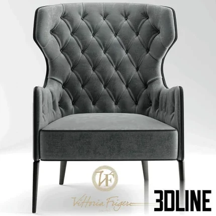 High-end 3D model of Vittoria Frigerio PIOLA BERGERE high-back armchair in grey tufted velvet for luxury living room
