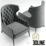 High-end 3D model of Vittoria Frigerio PIOLA BERGERE high-back armchair in grey tufted velvet for luxury living room