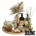 High-resolution 3D model of a luxury bathroom accessory set with soap dispenser, towels, vase, and aroma diffuser on a wooden tray