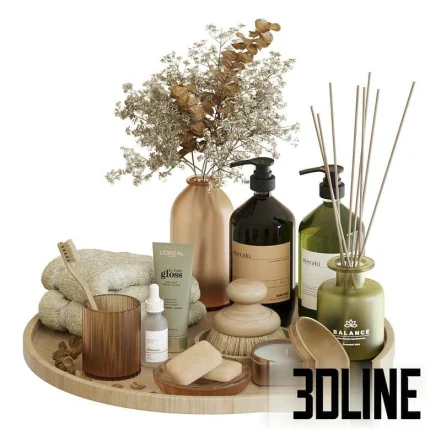 High-resolution 3D model of a luxury bathroom accessory set with soap dispenser, towels, vase, and aroma diffuser on a wooden tray