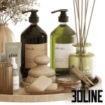 High-resolution 3D model of a luxury bathroom accessory set with soap dispenser, towels, vase, and aroma diffuser on a wooden tray