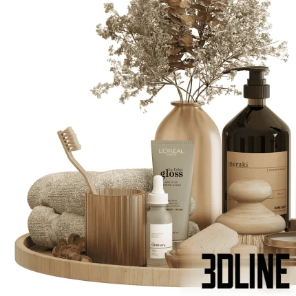 High-resolution 3D model of a luxury bathroom accessory set with soap dispenser, towels, vase, and aroma diffuser on a wooden tray