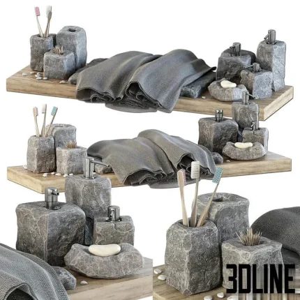 High-detail 3D model of a natural stone bathroom accessory set including soap dispenser, toothbrush holder, and towels