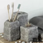 High-detail 3D model of a natural stone bathroom accessory set including soap dispenser, toothbrush holder, and towels