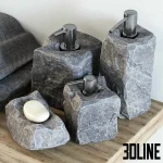High-detail 3D model of a natural stone bathroom accessory set including soap dispenser, toothbrush holder, and towels