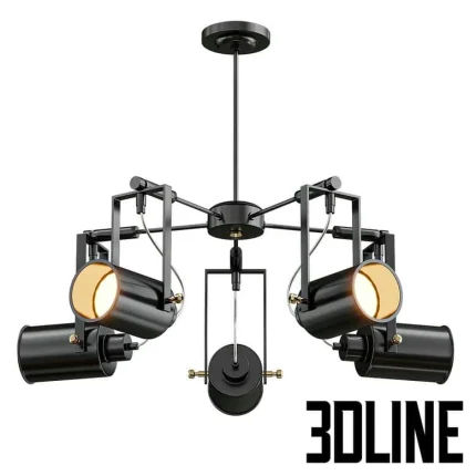 High-resolution 3D model of a modern industrial spotlight chandelier with four adjustable heads and black matte finish metal frame