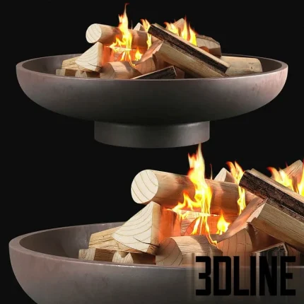 High-resolution 3D model of CB2 Form cement fire pit with burning logs and realistic flame effect for luxury patio visualization