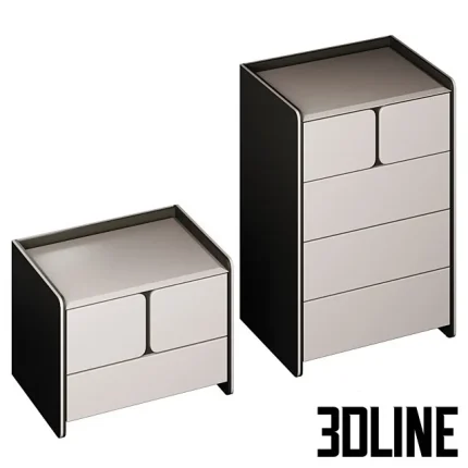 High-resolution 3D model set of Milan modern minimalist chest of drawers and bedside table for contemporary bedroom visualization