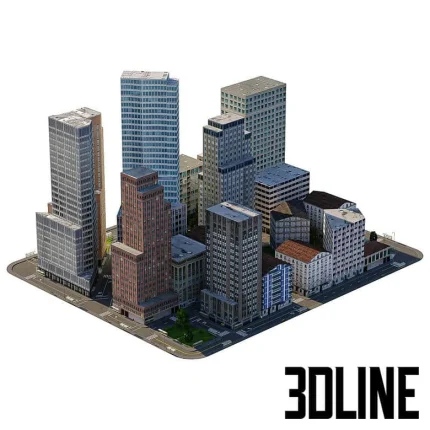 Low-poly 3D model of an entire city block with various buildings for exterior environment rendering