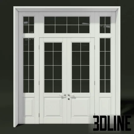 High-resolution 3D model of a classic white wooden double French door with glass grid windows and side panels for exterior visualization