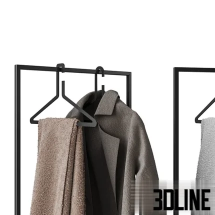 High-resolution 3D model of Ominimalism modern freestanding coat hanger and clothes rack with coats and scarf