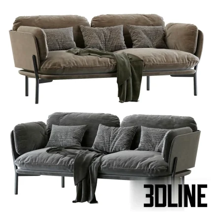 High-quality 3D model of TRADITION Cloud Two-Seater sofa in desert stone fabric with metal base and throw pillows