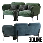 High-quality 3D model of TRADITION Cloud Two-Seater sofa in desert stone fabric with metal base and throw pillows