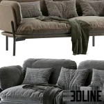 High-quality 3D model of TRADITION Cloud Two-Seater sofa in desert stone fabric with metal base and throw pillows