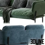 High-quality 3D model of TRADITION Cloud Two-Seater sofa in desert stone fabric with metal base and throw pillows