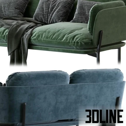 High-quality 3D model of TRADITION Cloud Two-Seater sofa in desert stone fabric with metal base and throw pillows