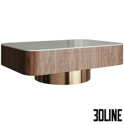 High-end 3D model of a luxury rectangular coffee table with marble top, wood finish, and gold metal base