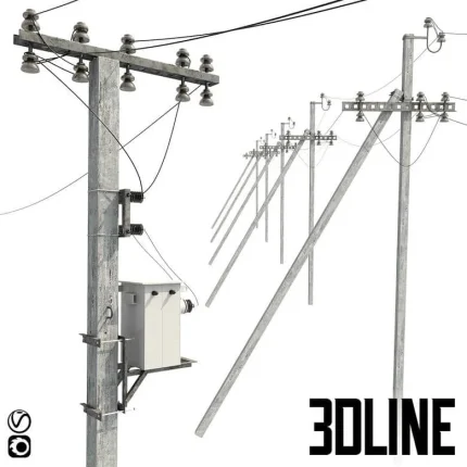 High-detail 3D model of concrete electricity utility pole with wires and transformer for exterior scenes