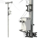 High-detail 3D model of concrete electricity utility pole with wires and transformer for exterior scenes