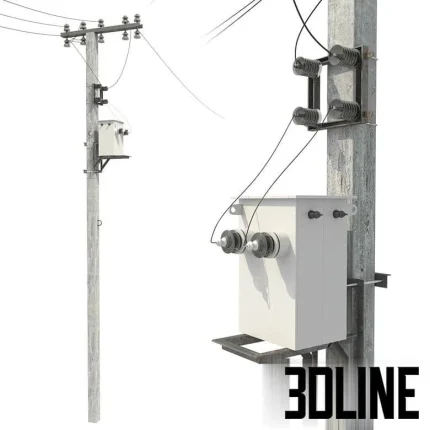 High-detail 3D model of concrete electricity utility pole with wires and transformer for exterior scenes