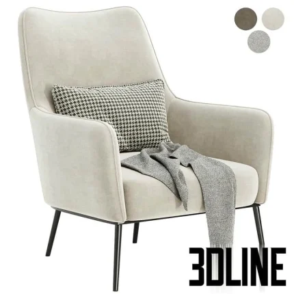 High-quality 3D model of Cortez Theo upholstered high-back armchair in light velvet fabric with throw pillow