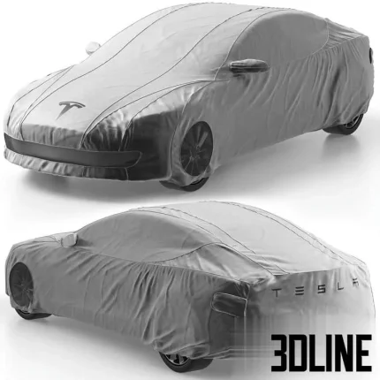 High-resolution 3D model of a Tesla Model S electric car covered by a protective drape/cover for garage and exterior scenes