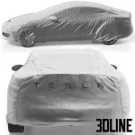 High-resolution 3D model of a Tesla Model S electric car covered by a protective drape/cover for garage and exterior scenes