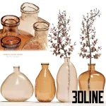 High-resolution 3D model set of Amber Glass Vases with detailed texture and dried branches for rustic/modern interior staging